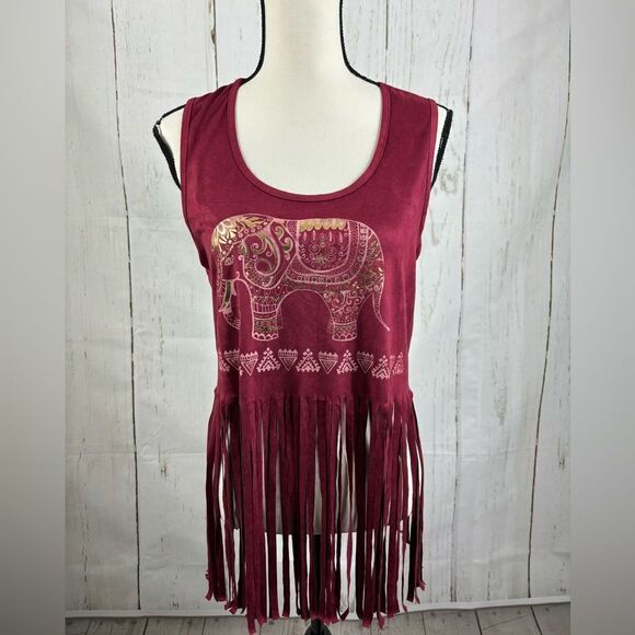 Hippie Boho Fringe Top Burgundy Golden Elephant Top Faux Suede - Picture 1 of 4
